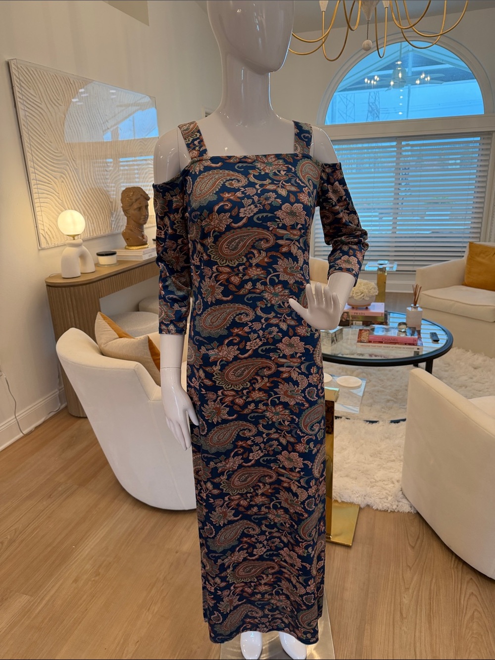 Jorge Perez Velour Navy Paisley Cold-Shoulder Maxi Dress